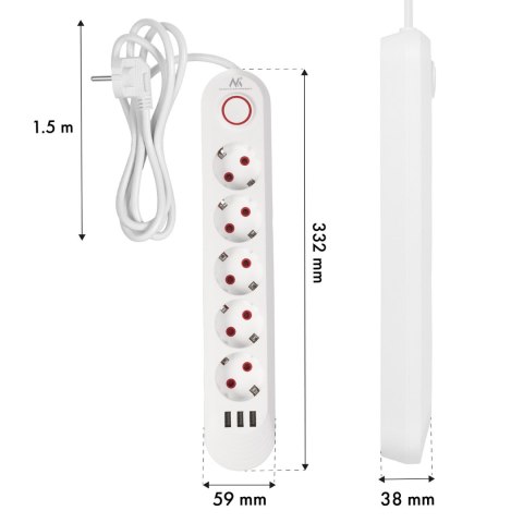 Listwa zasilająca Maclean, przedłużacz 5 gniazd + 3xUSB, 110-240V AC 50/60Hz, 2.1A max 2500W, 1,5m, biała ,MCE395 W