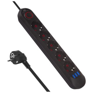 Listwa zasilająca Maclean, przedłużacz 5 gniazd + 3xUSB, 110-240V AC 50/60Hz, 2.1A max 2500W, 1,5m, czarna ,MCE395 B