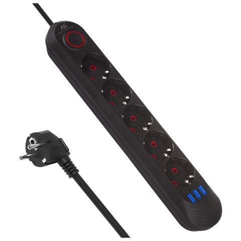 Listwa zasilająca Maclean, przedłużacz 5 gniazd + 3xUSB, 110-240V AC 50/60Hz, 2.1A max 2500W, 1,5m, czarna ,MCE395 B