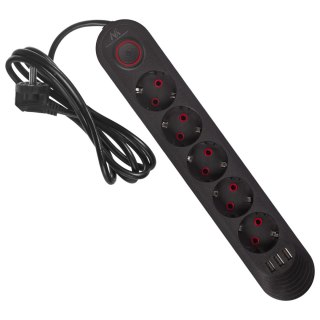Listwa zasilająca Maclean, przedłużacz 5 gniazd + 3xUSB, 110-240V AC 50/60Hz, 2.1A max 2500W, 1,5m, czarna ,MCE395 B