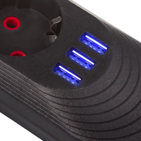 Listwa zasilająca Maclean, przedłużacz 5 gniazd + 3xUSB, 110-240V AC 50/60Hz, 2.1A max 2500W, 1,5m, czarna ,MCE395 B