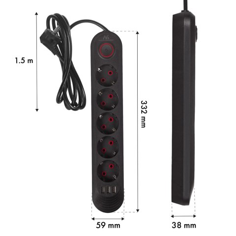 Listwa zasilająca Maclean, przedłużacz 5 gniazd + 3xUSB, 110-240V AC 50/60Hz, 2.1A max 2500W, 1,5m, czarna ,MCE395 B
