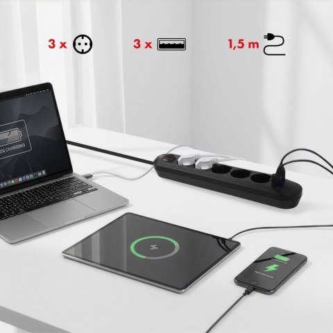 Listwa zasilająca Maclean, przedłużacz 5 gniazd + 3xUSB, 110-240V AC 50/60Hz, 2.1A max 2500W, 1,5m, czarna ,MCE395 B
