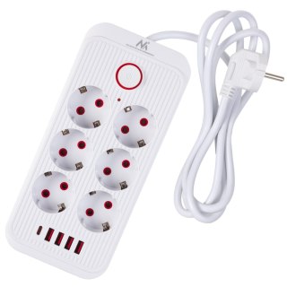 Listwa zasilająca Maclean, przedłużacz 6 gniazd + 4xUSB, 110-240V AC 50/60Hz, 2.1A max 2500W, 1,5 m, biała, MCE389 W