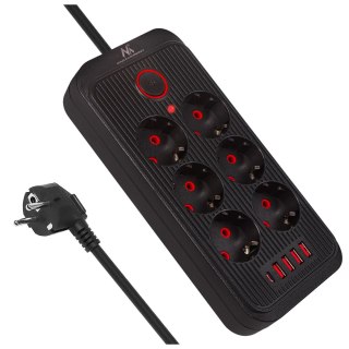 Listwa zasilająca Maclean, przedłużacz 6 gniazd + 4xUSB, 110-240V AC 50/60Hz, 2.1A max 2500W, 1,5 m, czarna,MCE389 B