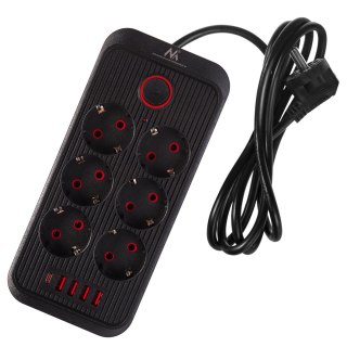 Listwa zasilająca Maclean, przedłużacz 6 gniazd + 4xUSB, 110-240V AC 50/60Hz, 2.1A max 2500W, 1,5 m, czarna,MCE389 B
