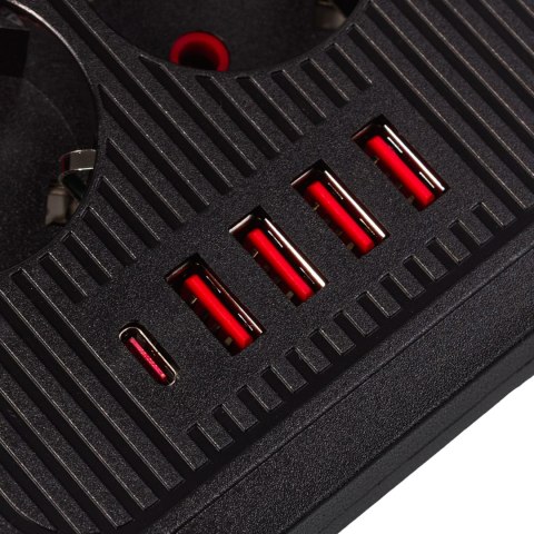 Listwa zasilająca Maclean, przedłużacz 6 gniazd + 4xUSB, 110-240V AC 50/60Hz, 2.1A max 2500W, 1,5 m, czarna,MCE389 B