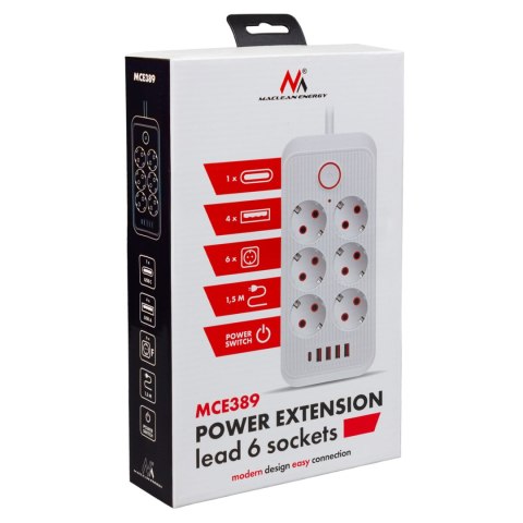 Listwa zasilająca Maclean, przedłużacz 6 gniazd + 4xUSB, 110-240V AC 50/60Hz, 2.1A max 2500W, 1,5 m, czarna,MCE389 B