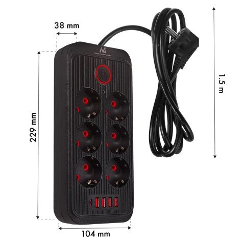 Listwa zasilająca Maclean, przedłużacz 6 gniazd + 4xUSB, 110-240V AC 50/60Hz, 2.1A max 2500W, 1,5 m, czarna,MCE389 B