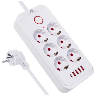 Listwa zasilająca Maclean, przedłużacz 6 gniazd + 4xUSB, 110-240V AC 50/60Hz, 2.1A max 2500W, 3m, biała,MCE391 W