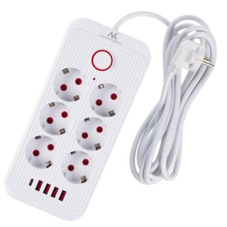 Listwa zasilająca Maclean, przedłużacz 6 gniazd + 4xUSB, 110-240V AC 50/60Hz, 2.1A max 2500W, 3m, biała,MCE391 W