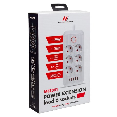 Listwa zasilająca Maclean, przedłużacz 6 gniazd + 4xUSB, 110-240V AC 50/60Hz, 2.1A max 2500W, 3m, czarna,MCE391 B