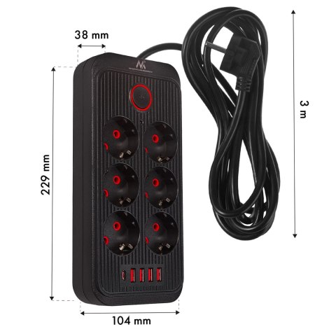 Listwa zasilająca Maclean, przedłużacz 6 gniazd + 4xUSB, 110-240V AC 50/60Hz, 2.1A max 2500W, 3m, czarna,MCE391 B