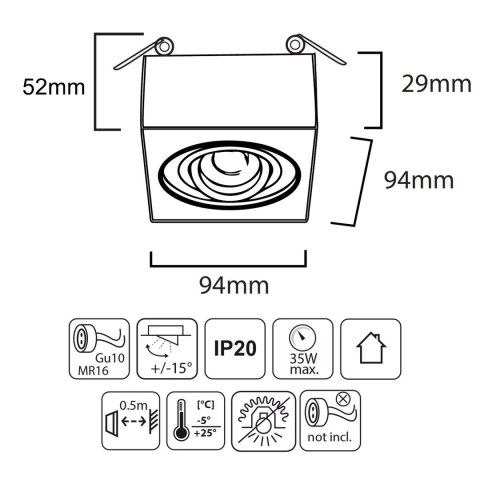 Oprawa podtynkowa, tuba LED Maclean, oczko, SPOT, dla MR16/GU10, kolor czarny, 94x94x32mm, kwadratowa, alu, MCE464 B
